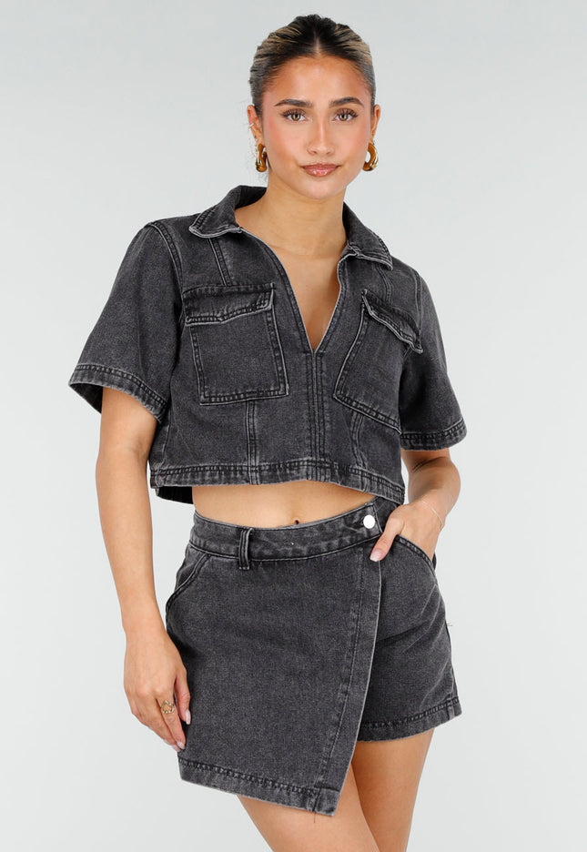 NEW010426 Grijze Denim Set met Crop Top en Skort