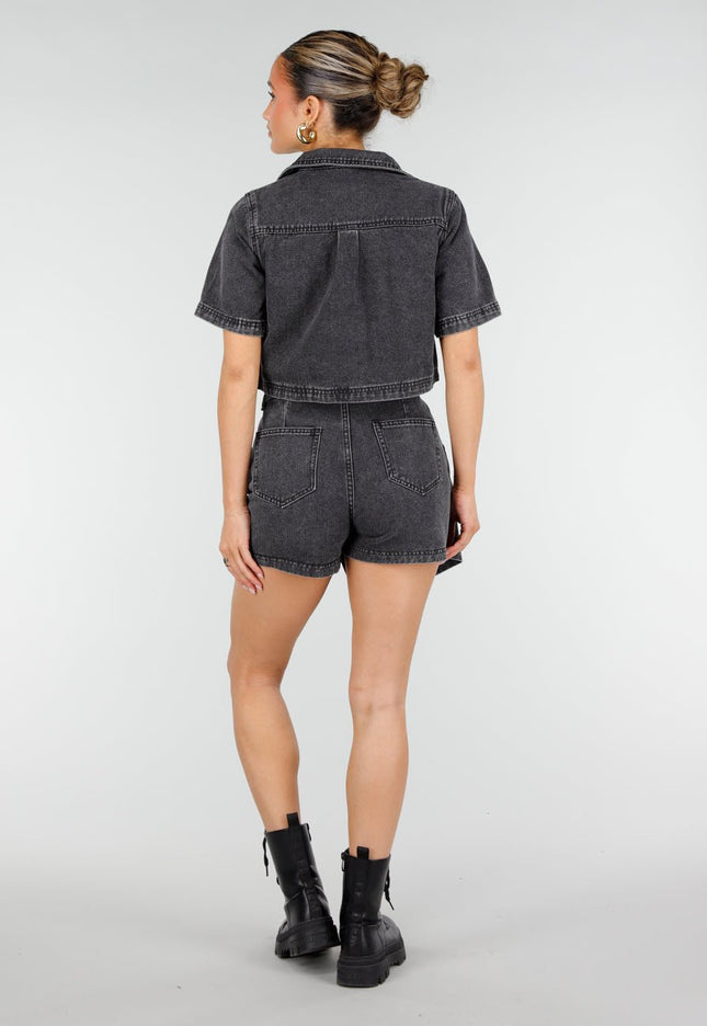 NEW010426 Grijze Denim Set met Crop Top en Skort