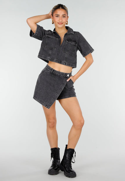 NEW010426 Grijze Denim Set met Crop Top en Skort