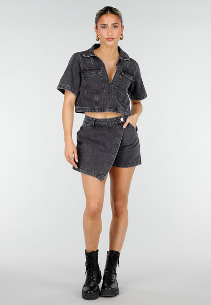 NEW010426 Grijze Denim Set met Crop Top en Skort