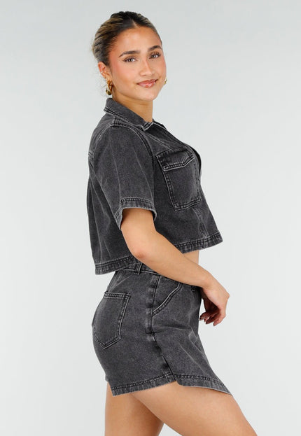 NEW010426 Grijze Denim Set met Crop Top en Skort