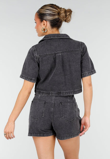 NEW010426 Grijze Denim Set met Crop Top en Skort