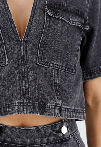 NEW010426 Grijze Denim Set met Crop Top en Skort