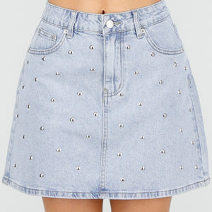 NEW010426 Lichtblauwe Denim Mini Rok met Studs