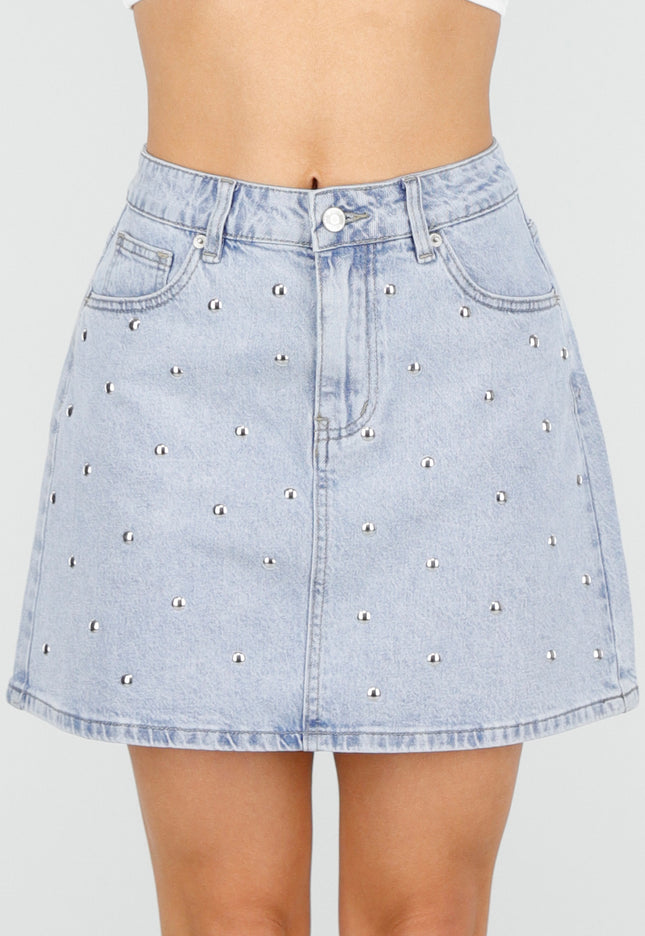 NEW010426 Lichtblauwe Denim Mini Rok met Studs