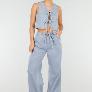 NEW010426 Lichtblauwe Denim Set met Strik Top en Broek