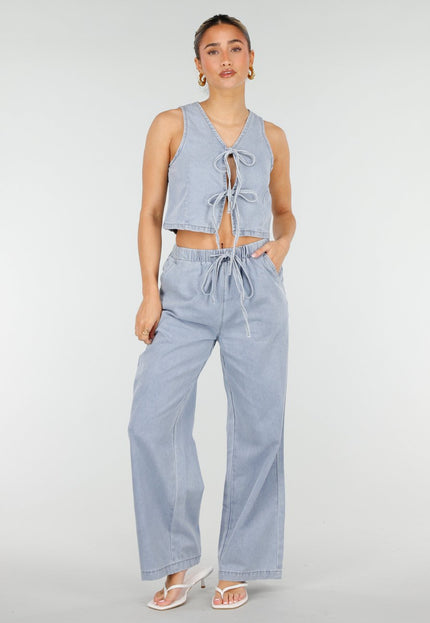 NEW010426 Lichtblauwe Denim Set met Strik Top en Broek