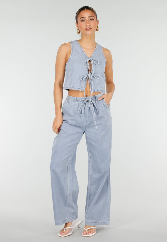 NEW010426 Lichtblauwe Denim Set met Strik Top en Broek