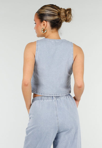 NEW010426 Lichtblauwe Denim Set met Strik Top en Broek