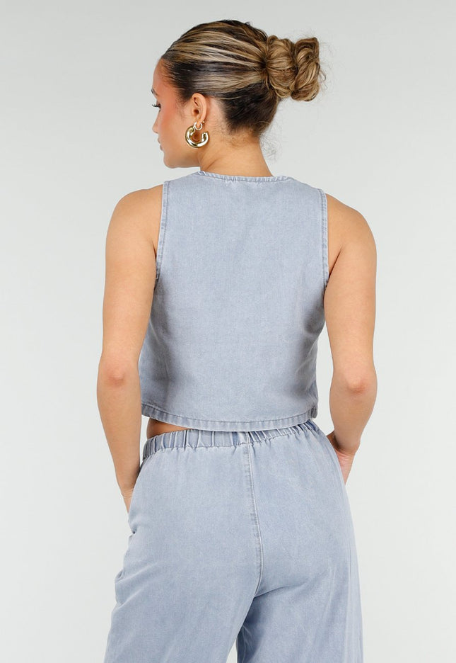 NEW010426 Lichtblauwe Denim Set met Strik Top en Broek
