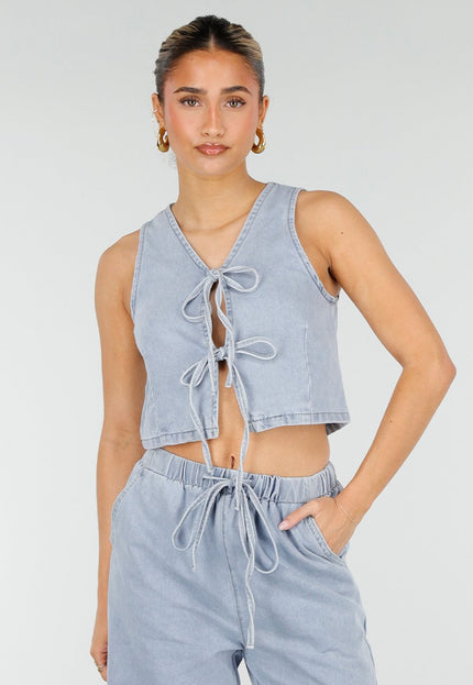 NEW010426 Lichtblauwe Denim Set met Strik Top en Broek