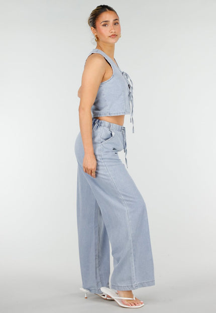 NEW010426 Lichtblauwe Denim Set met Strik Top en Broek