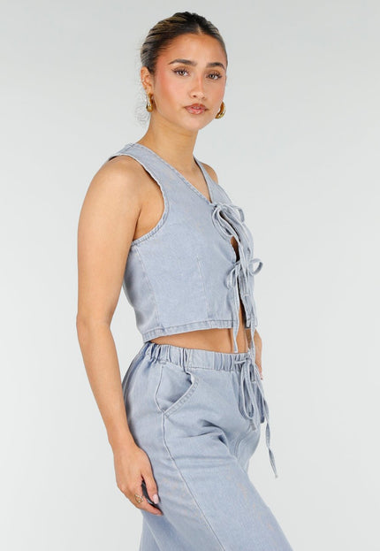 NEW010426 Lichtblauwe Denim Set met Strik Top en Broek