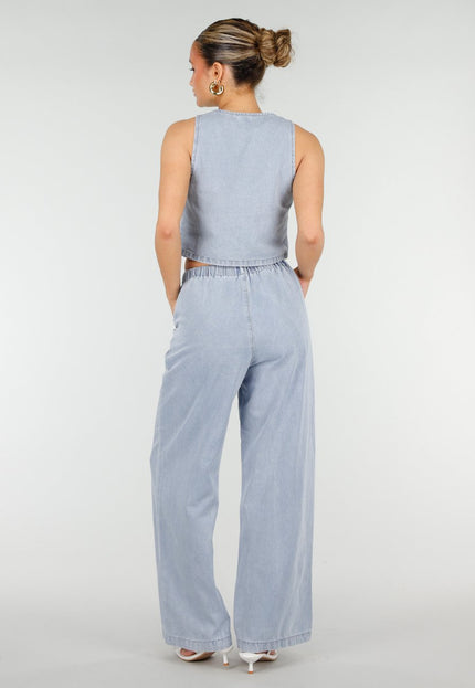 NEW010426 Lichtblauwe Denim Set met Strik Top en Broek