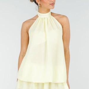 NEW010426 Lichtgele Halter Jurk met Gelaagde Rok