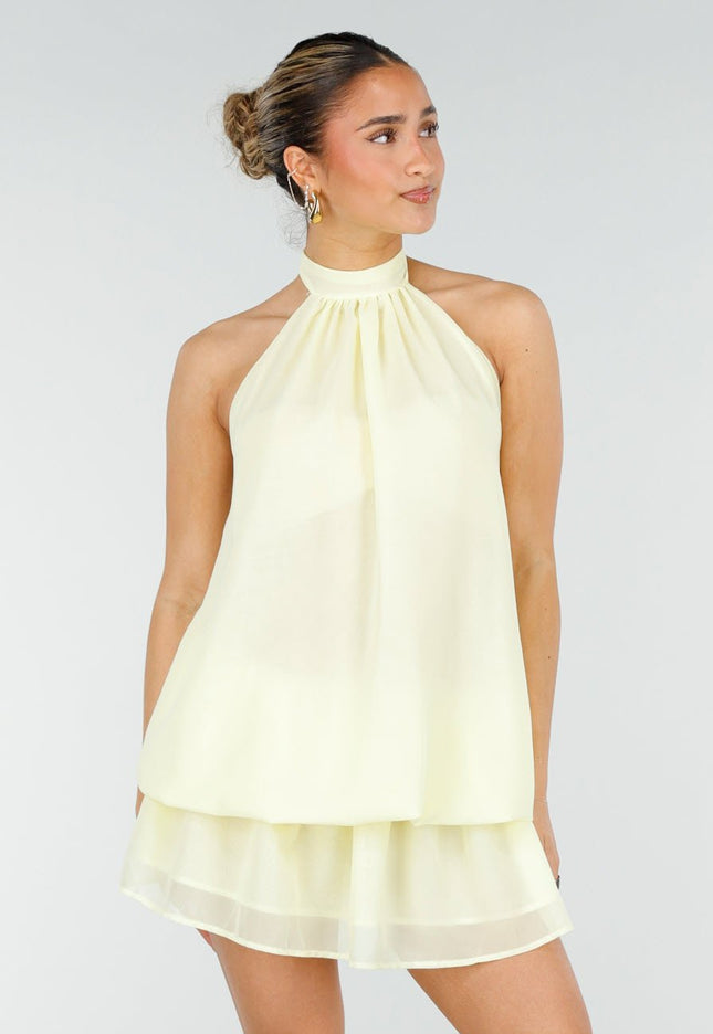 NEW010426 Lichtgele Halter Jurk met Gelaagde Rok