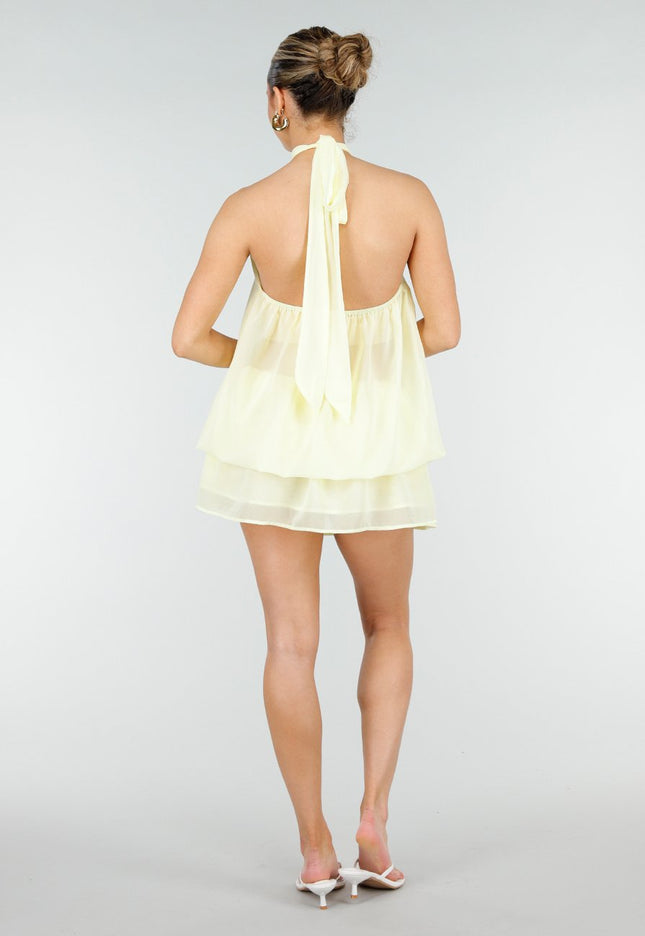 NEW010426 Lichtgele Halter Jurk met Gelaagde Rok