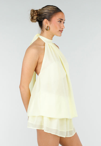 NEW010426 Lichtgele Halter Jurk met Gelaagde Rok