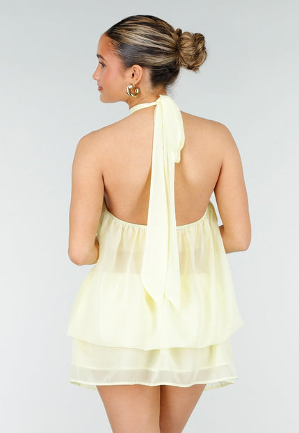 NEW010426 Lichtgele Halter Jurk met Gelaagde Rok