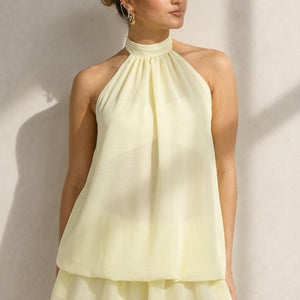 NEW010426 Lichtgele Halter Jurk met Gelaagde Rok