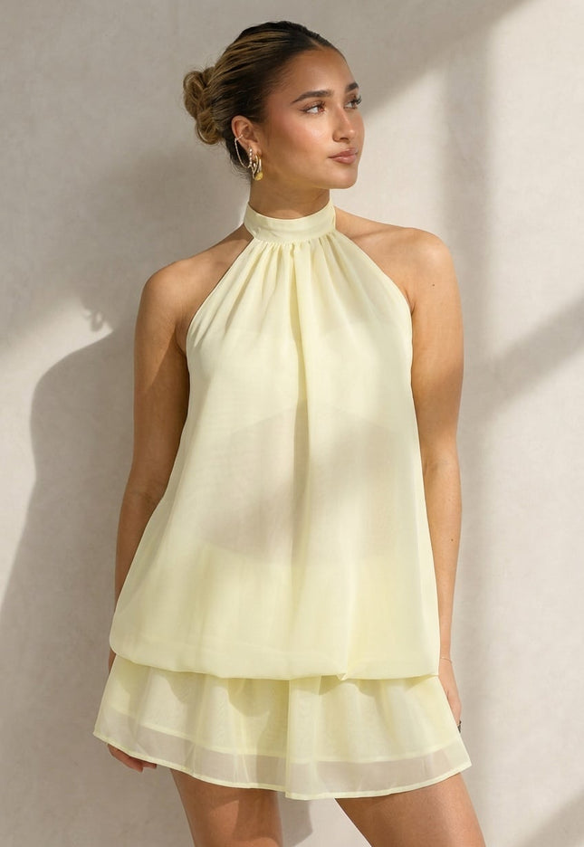 NEW010426 Lichtgele Halter Jurk met Gelaagde Rok