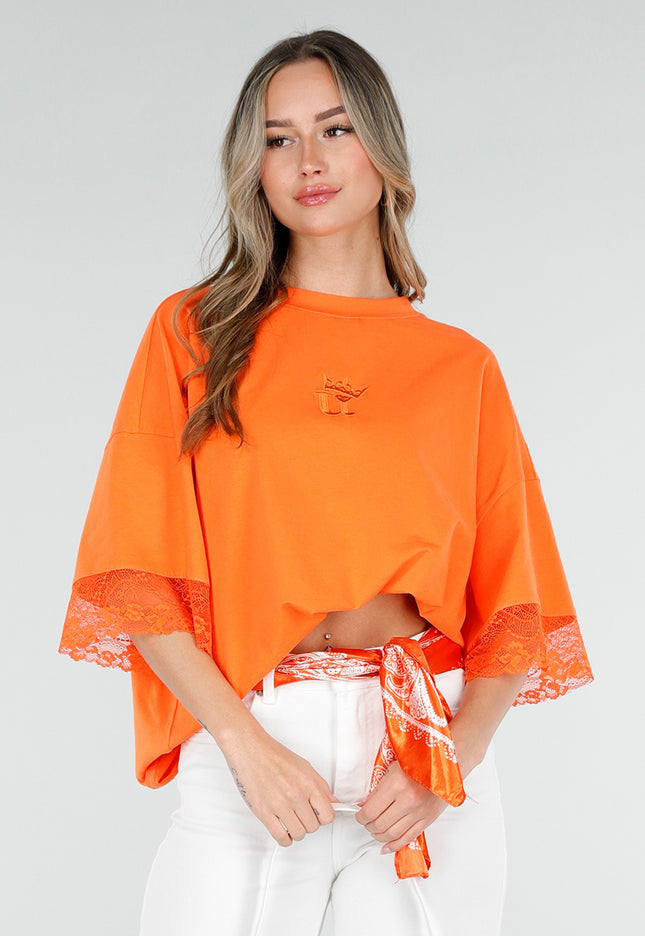 NEW010426 Oranje Oversized T-Shirt met Kant
