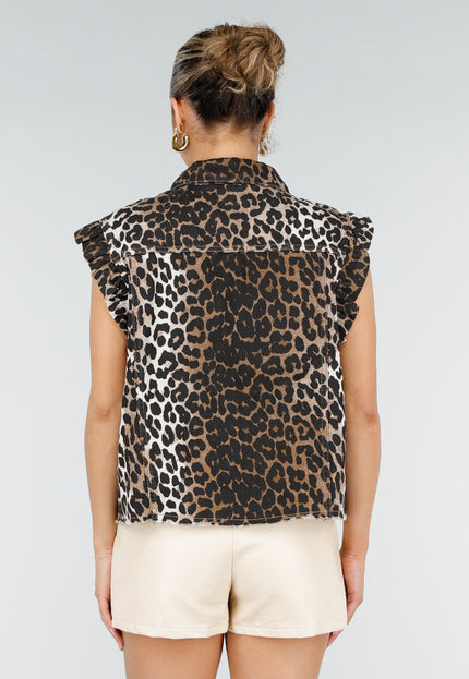 NEW010426 Panterprint Denim Gilet met Ruffles