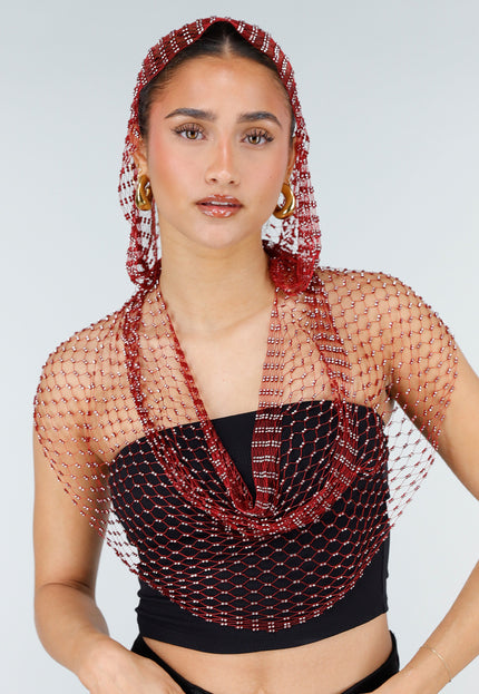 NEW010426 Rode Fishnet Top met Capuchon en Strass