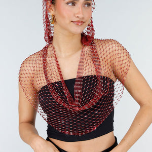NEW010426 Rode Fishnet Top met Capuchon en Strass