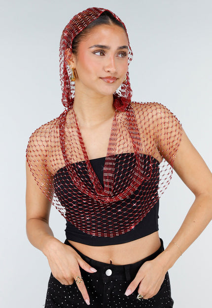 NEW010426 Rode Fishnet Top met Capuchon en Strass
