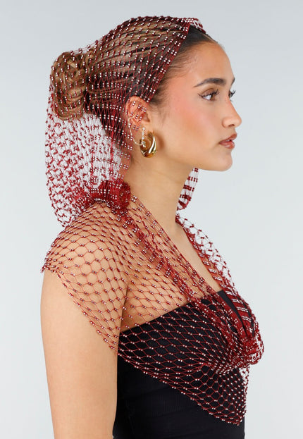 NEW010426 Rode Fishnet Top met Capuchon en Strass
