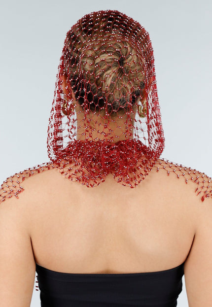 NEW010426 Rode Fishnet Top met Capuchon en Strass