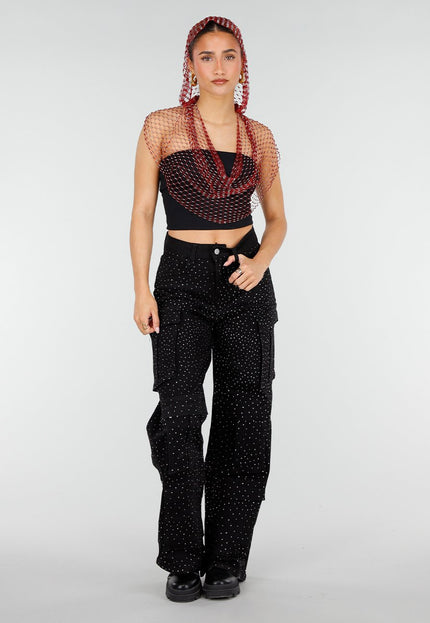 NEW010426 Rode Fishnet Top met Capuchon en Strass
