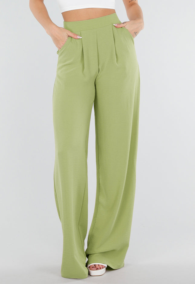 NEW010426 Tall Groene Linnenlook Wide Leg Pantalon