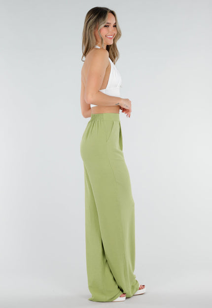 NEW010426 Tall Groene Linnenlook Wide Leg Pantalon
