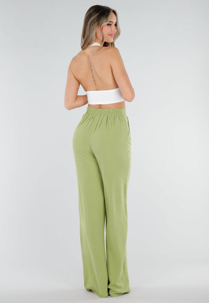 NEW010426 Tall Groene Linnenlook Wide Leg Pantalon