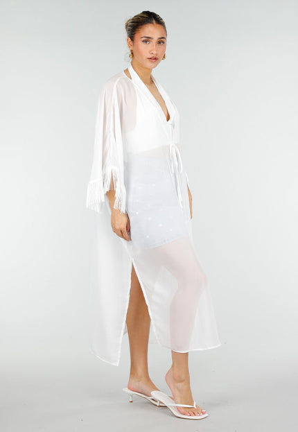 NEW010426 Witte Kimono met Franjes en Strik