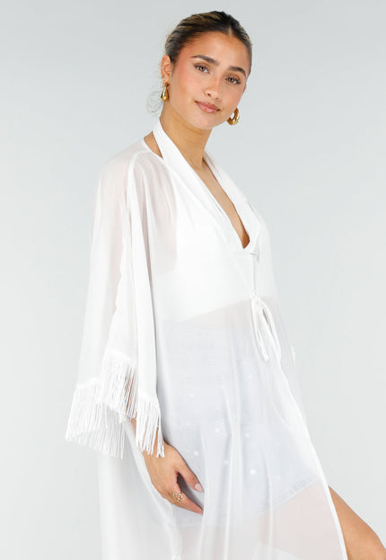 NEW010426 Witte Kimono met Franjes en Strik