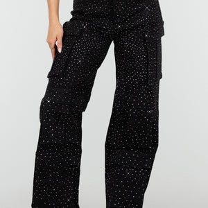 NEW010426 Zwarte Cargo Broek met Strass Details