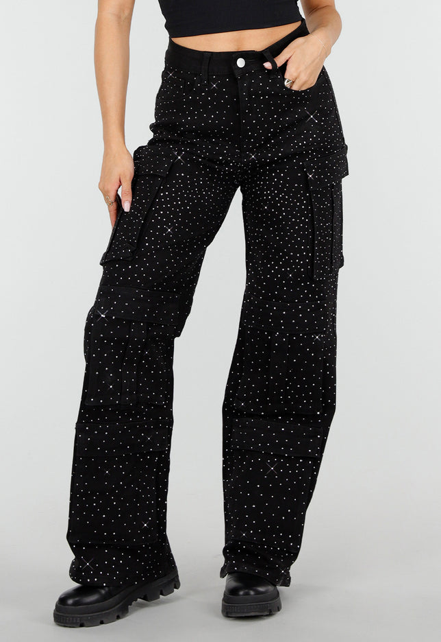 NEW010426 Zwarte Cargo Broek met Strass Details
