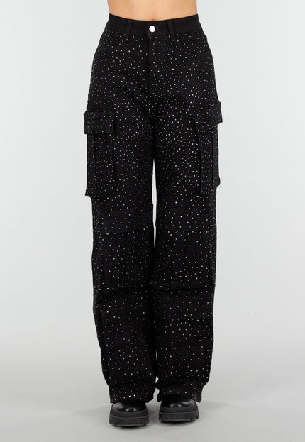 NEW010426 Zwarte Cargo Broek met Strass Details