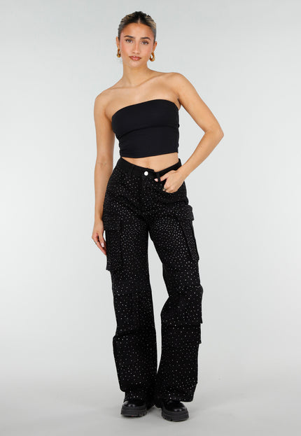 NEW010426 Zwarte Cargo Broek met Strass Details