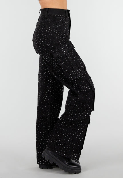 NEW010426 Zwarte Cargo Broek met Strass Details