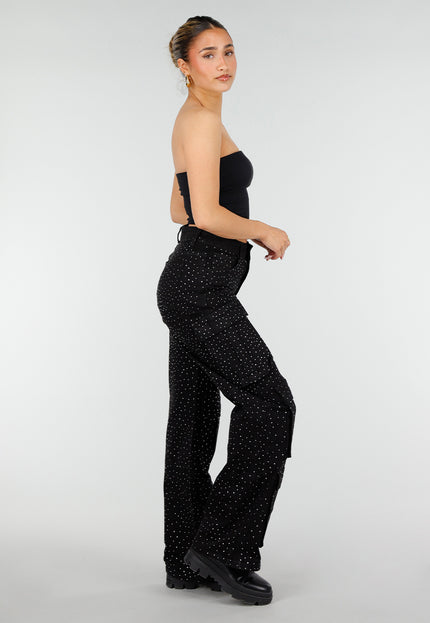 NEW010426 Zwarte Cargo Broek met Strass Details