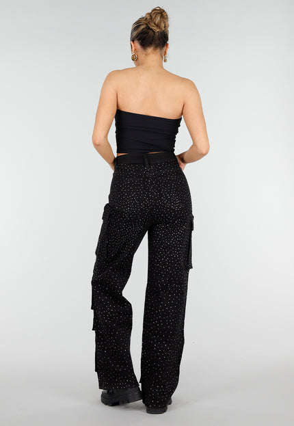 NEW010426 Zwarte Cargo Broek met Strass Details
