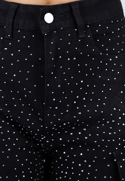 NEW010426 Zwarte Cargo Broek met Strass Details