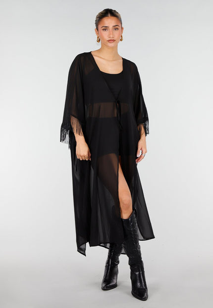 NEW010426 Zwarte Kimono met Franjes en Striksluiting