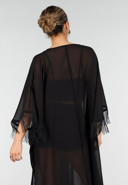NEW010426 Zwarte Kimono met Franjes en Striksluiting