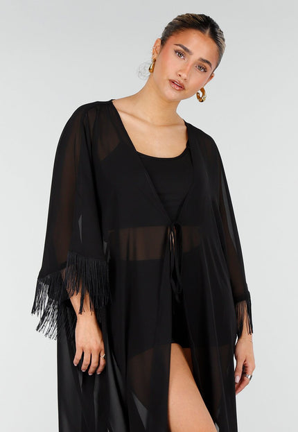 NEW010426 Zwarte Kimono met Franjes en Striksluiting