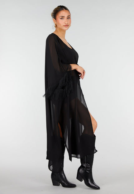 NEW010426 Zwarte Kimono met Franjes en Striksluiting